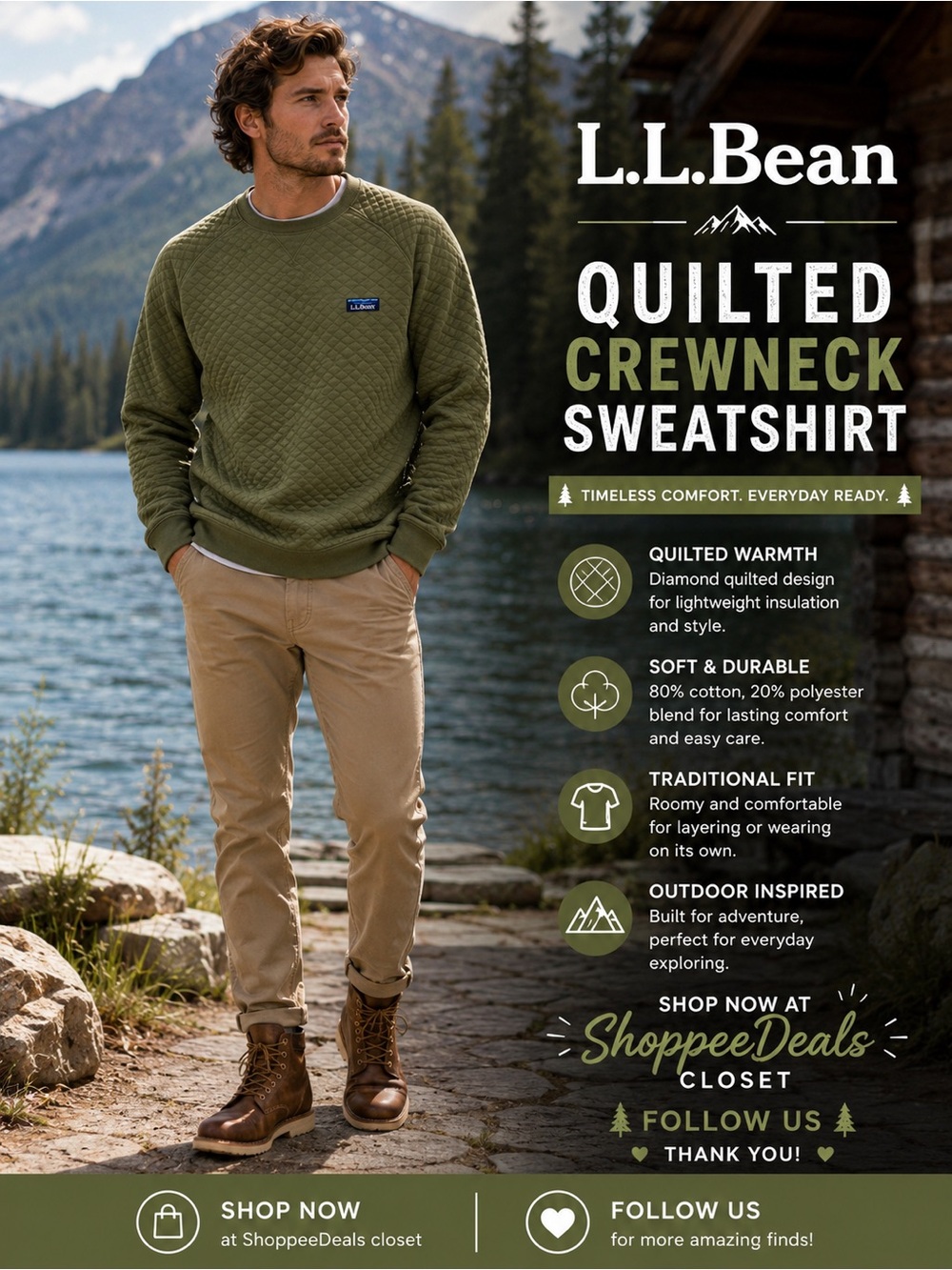 L.L.Bean Traditional Fit Quilted Crewneck Sweatshirt – Olive Green